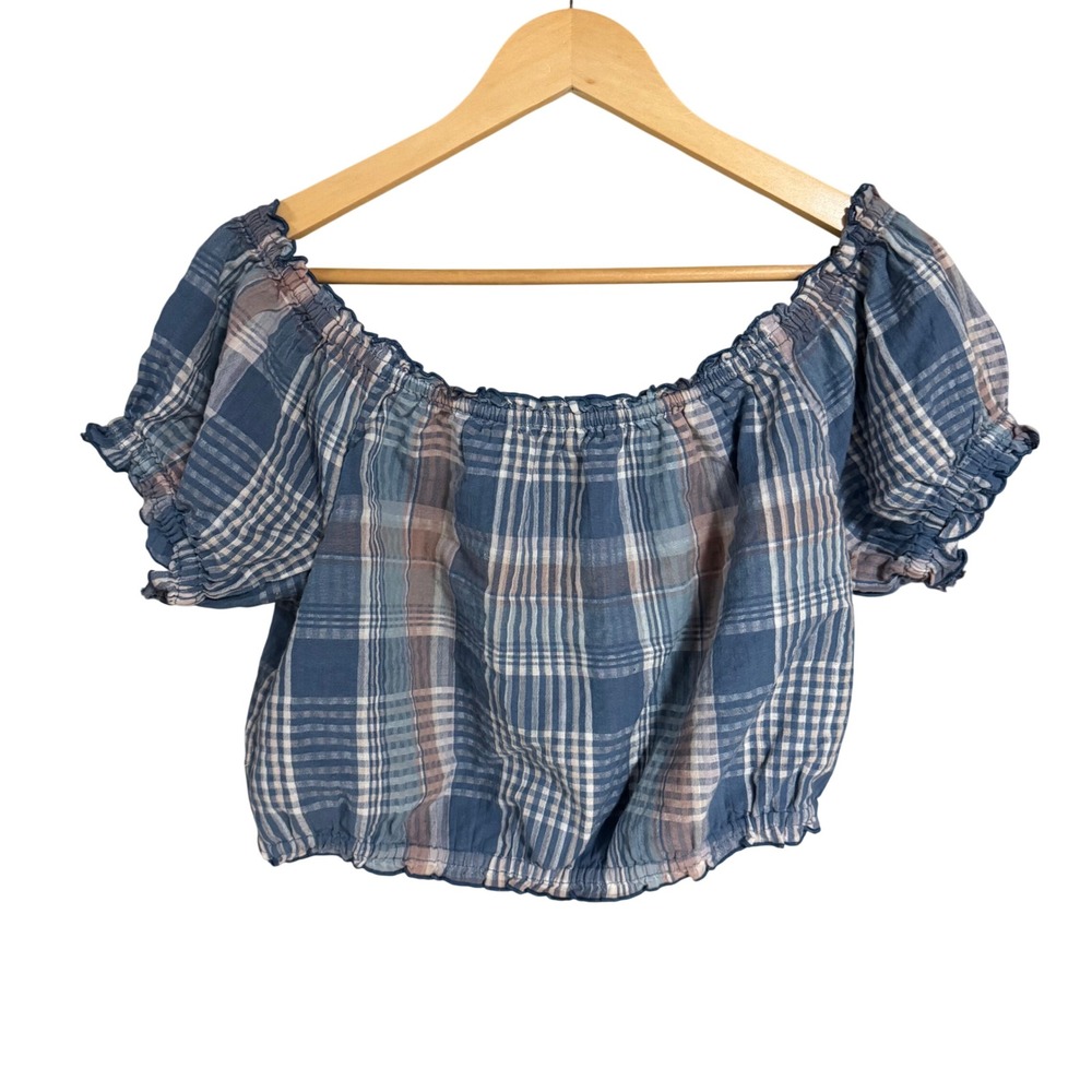 American Eagle Plaid Off The Shoulder Crop Top Blue Pink Cotton Linen Womens M